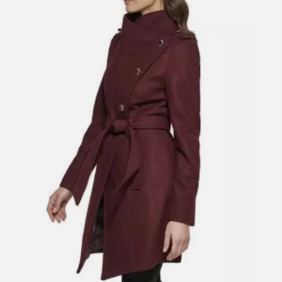 NWT GUESS Asymmetrical Belted Wrap Coat Maroon / Wine Wool Blend - Picture 6 of 14